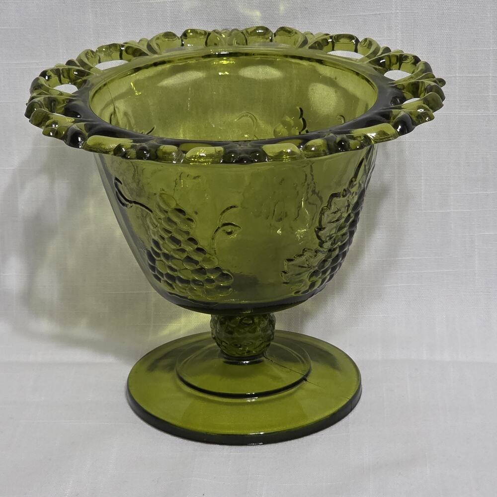 Indiana Glass Olive Green Grape Pedestal Compote Candy Dish Open Lace Rim